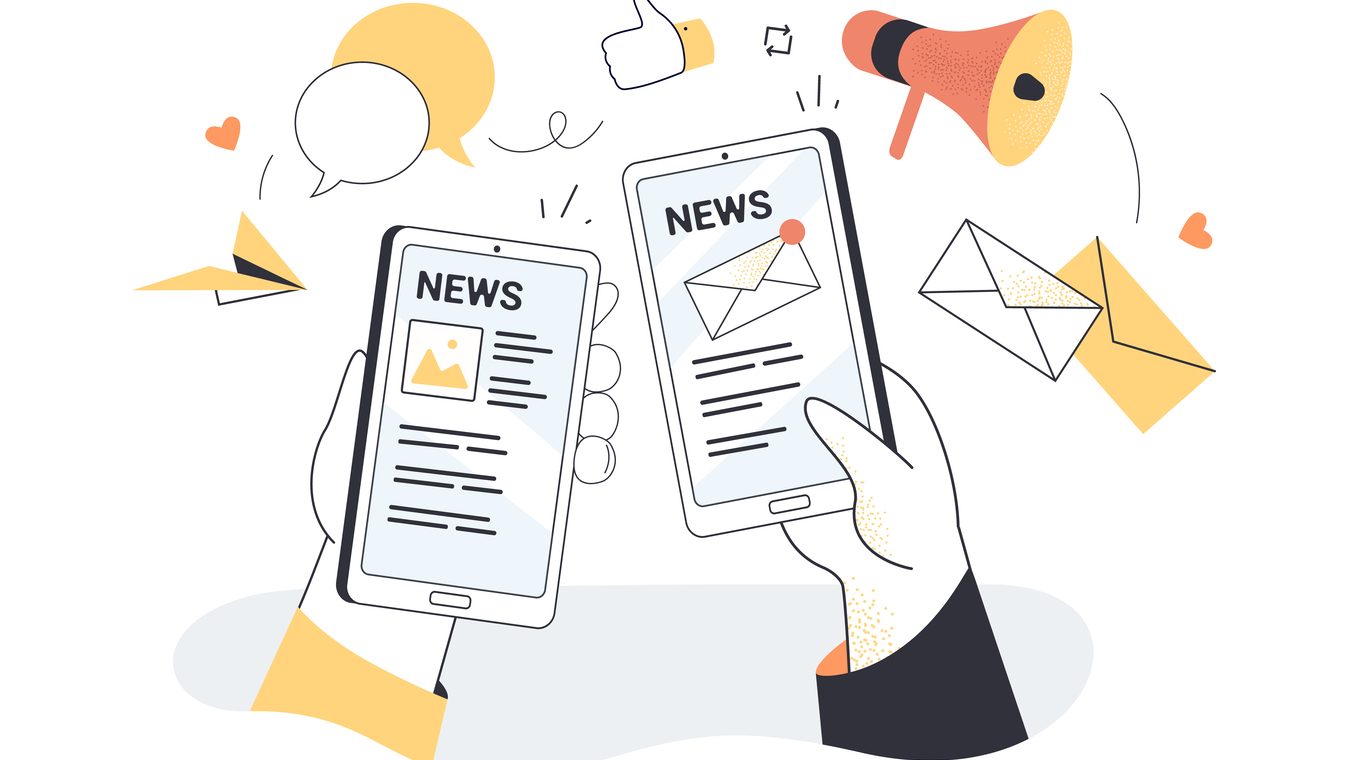 Hand holding smartphones with online newspaper, newsletter